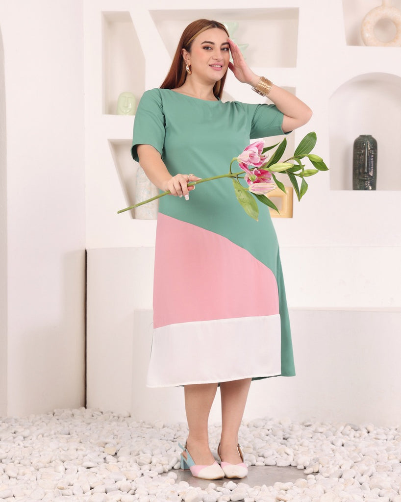 Model wearing Poly Crepe Midi Dress with Pattern type: Solid-1