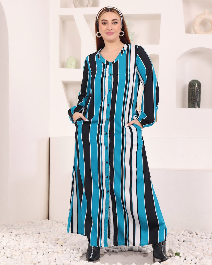 Model wearing Polyester Maxi Dress with Pattern type: Striped-1