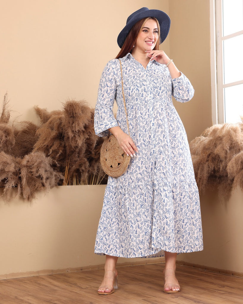 Model wearing Cotton Midi Dress with Pattern type: Leaves-1