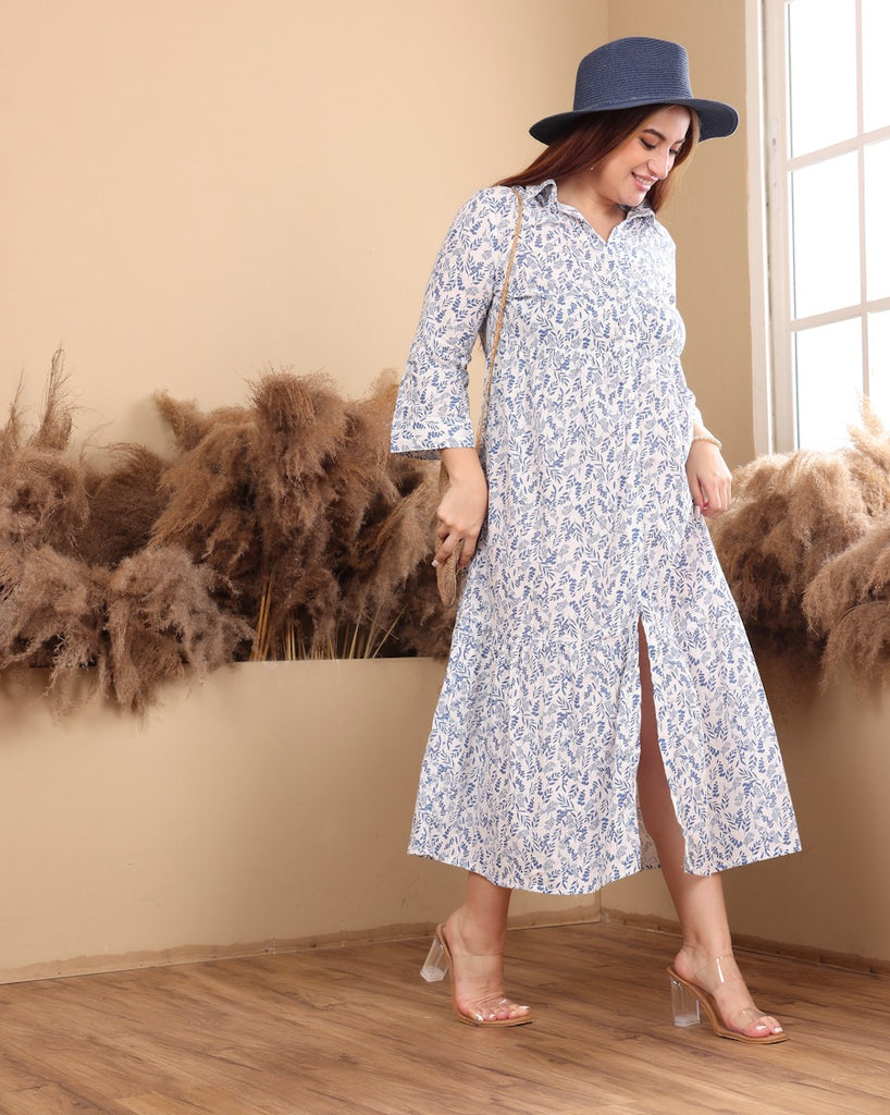 Model wearing Cotton Midi Dress with Pattern type: Leaves-2