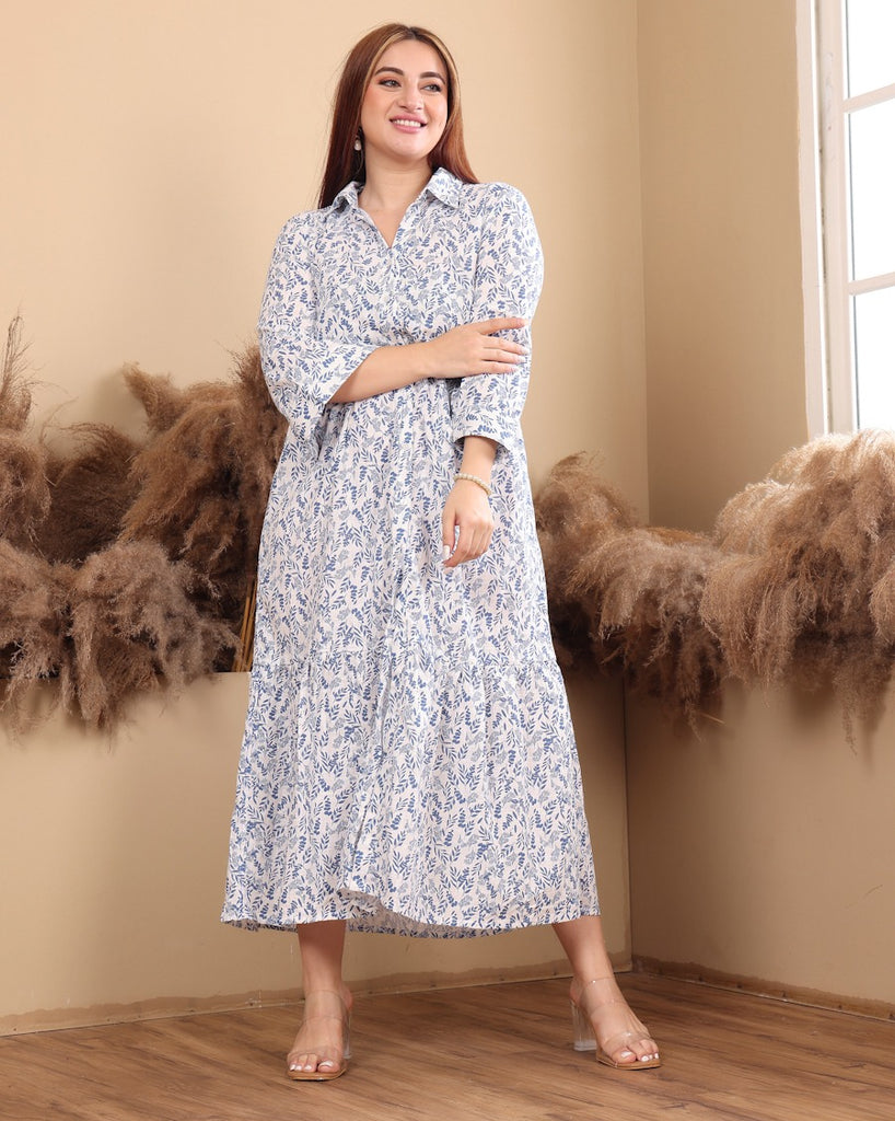 Model wearing Cotton Midi Dress with Pattern type: Leaves-3