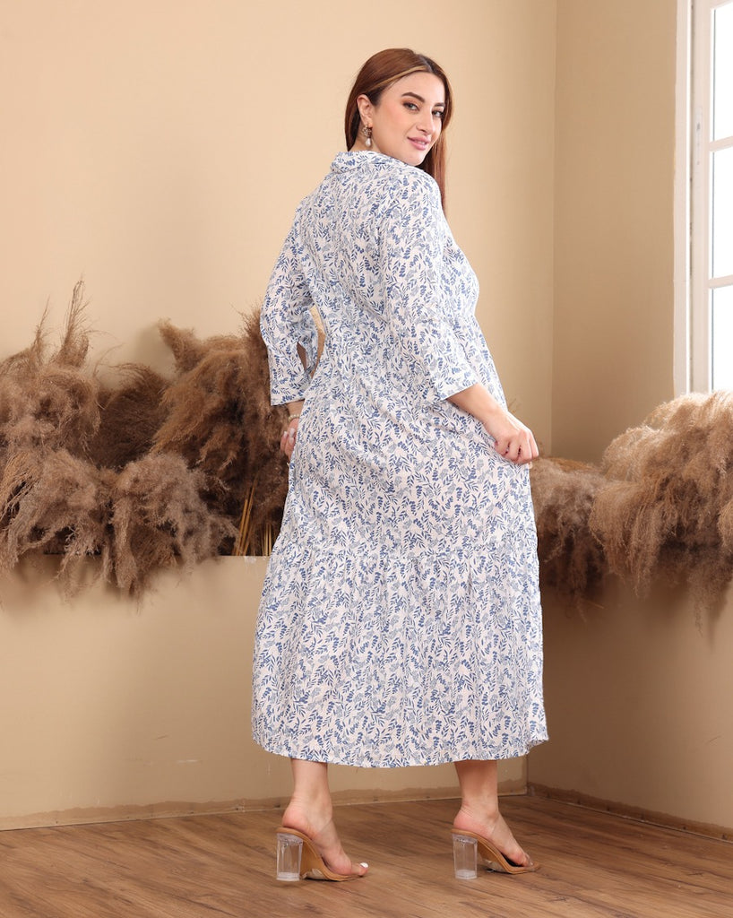 Model wearing Cotton Midi Dress with Pattern type: Leaves-5