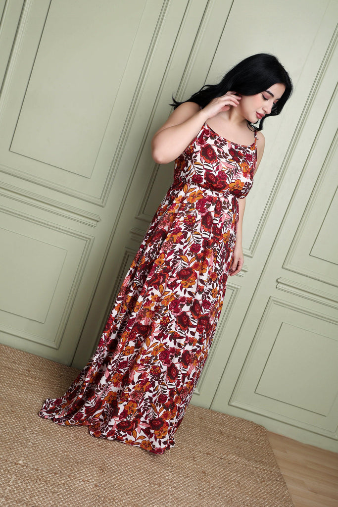 Model wearing Poly Crepe Maxi Dress with Pattern type: Floral-3