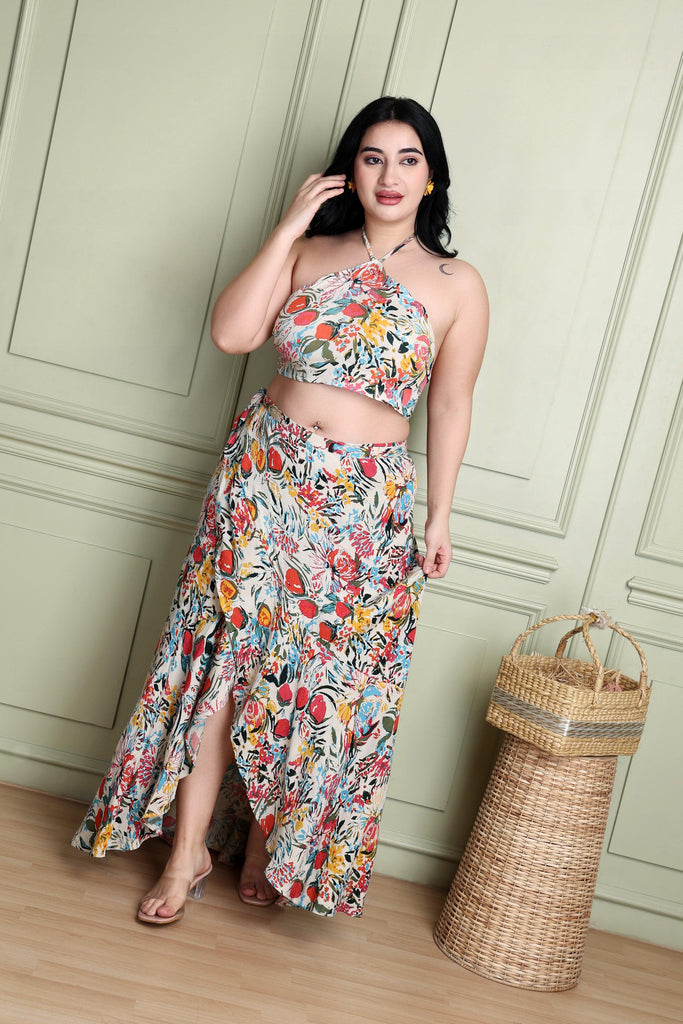 Model wearing Viscose Crepe Co-ord Set with Pattern type: Floral-1