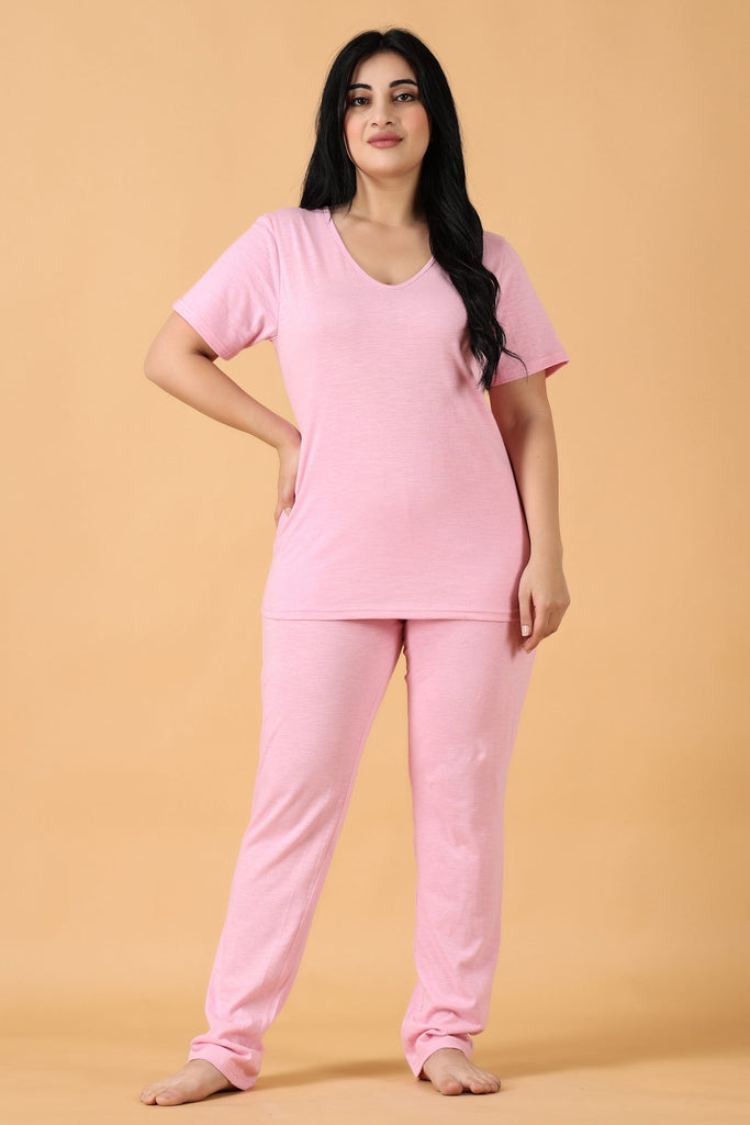 Model wearing Cotton Night Suit Set with Pattern type: Solid-2