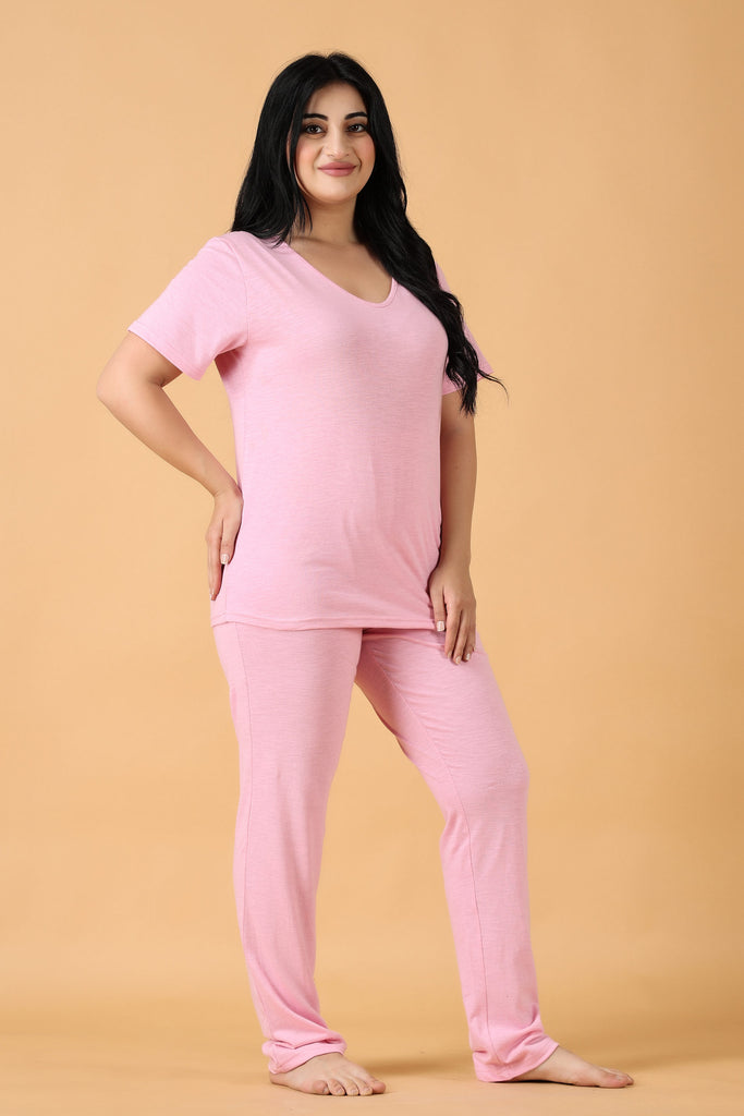 Model wearing Cotton Night Suit Set with Pattern type: Solid-3