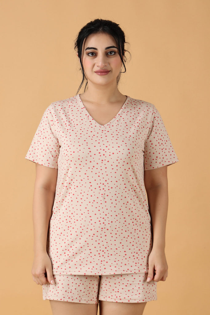 Model wearing Cotton Night Suit Set with Pattern type: Polka Dots-3