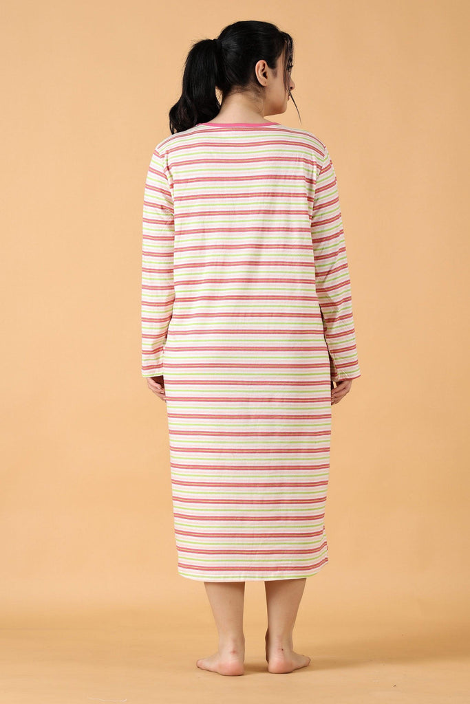 Model wearing Cotton Lycra Midi Night Dress with Pattern type: Striped-5