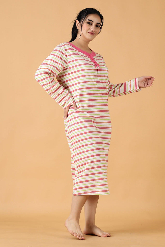 Model wearing Cotton Lycra Midi Night Dress with Pattern type: Striped-3