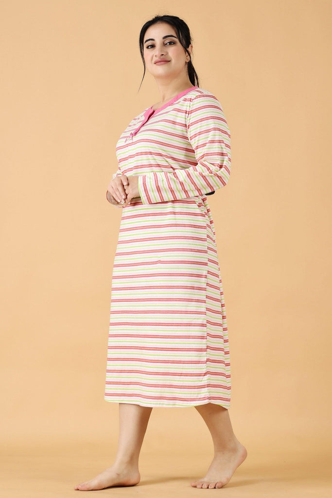 Model wearing Cotton Lycra Midi Night Dress with Pattern type: Striped-2