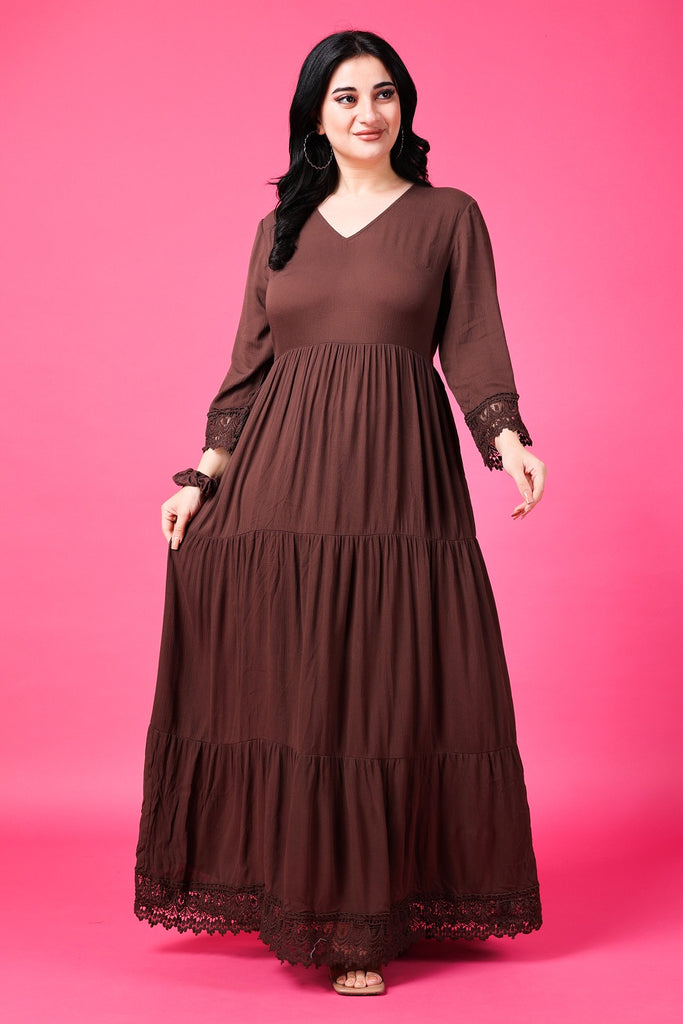 Model wearing Viscose Crepe Maxi Dress with Pattern type: Solid-14