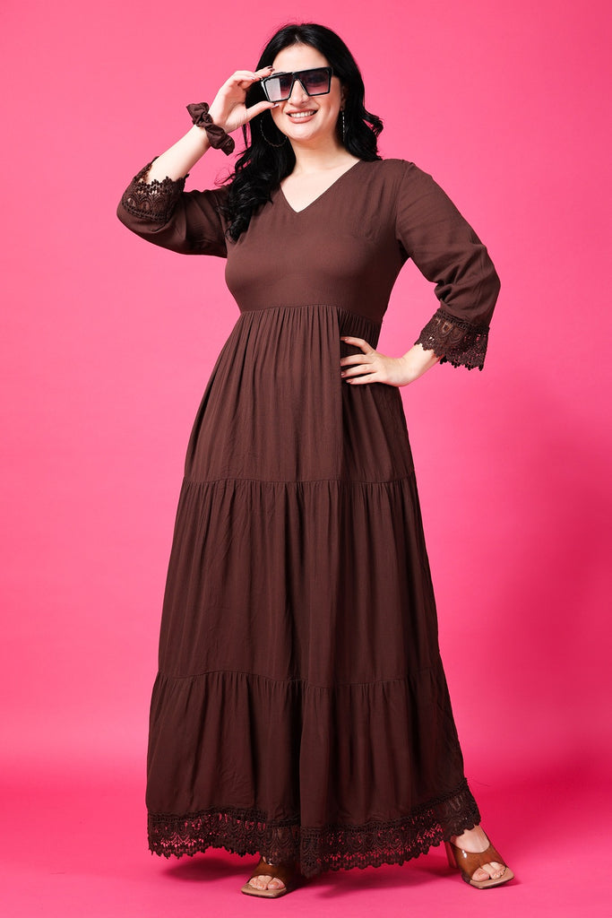 Model wearing Viscose Crepe Maxi Dress with Pattern type: Solid-18