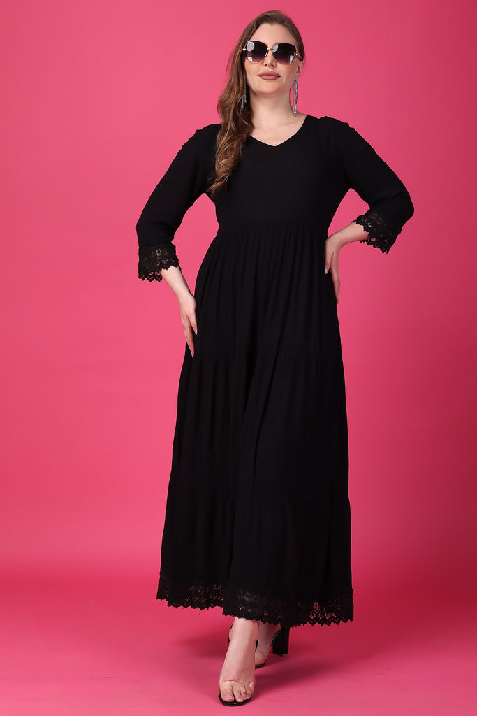 Model wearing Viscose Crepe Maxi Dress with Pattern type: Solid-25