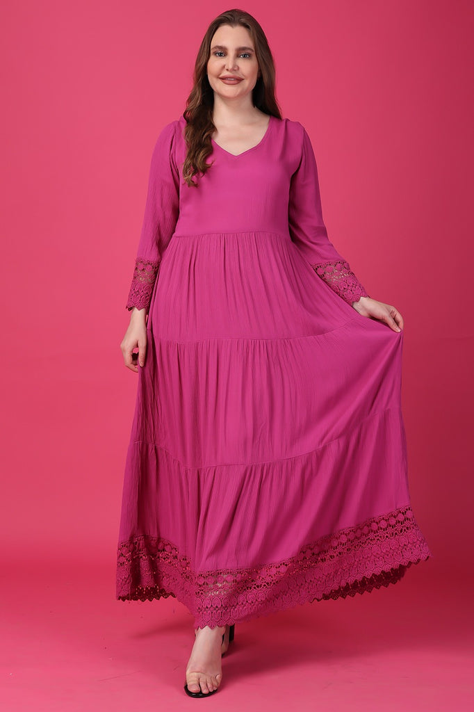 Model wearing Viscose Crepe Maxi Dress with Pattern type: Solid-26