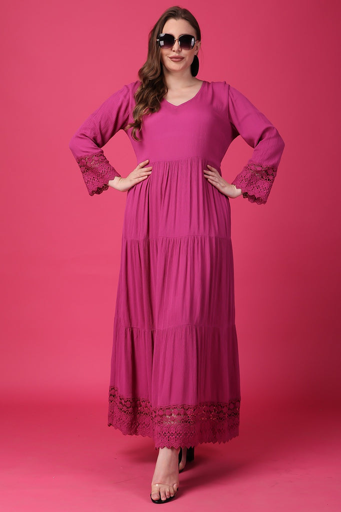 Model wearing Viscose Crepe Maxi Dress with Pattern type: Solid-31