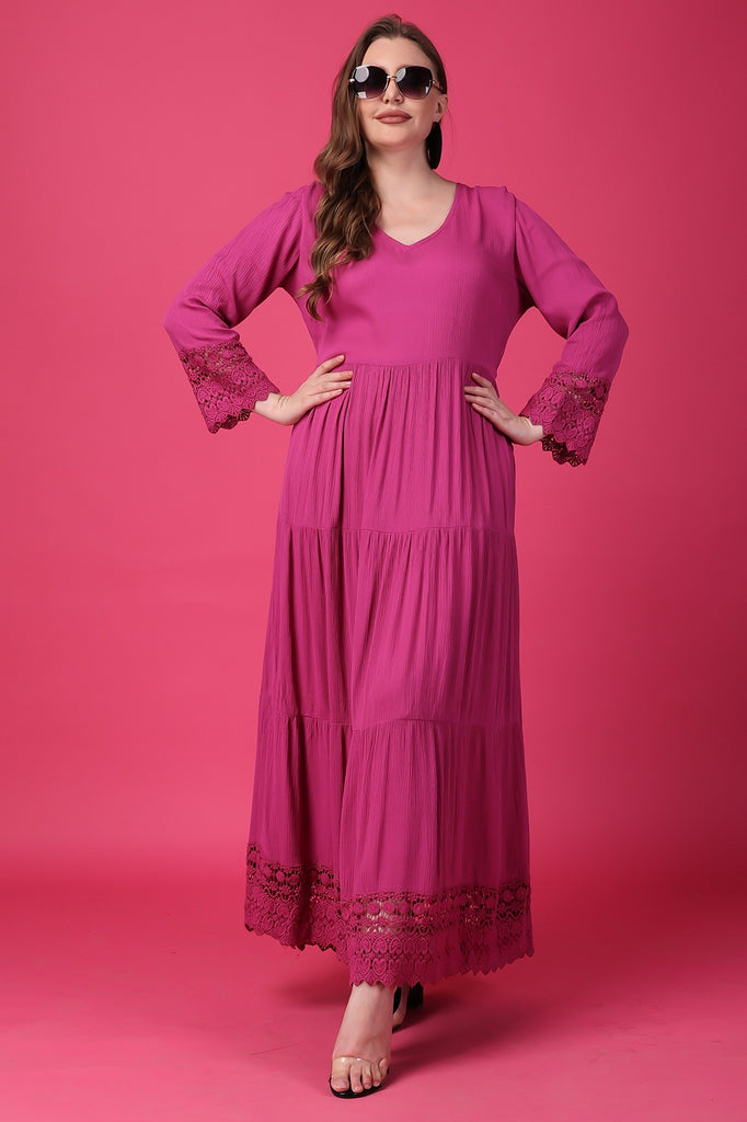 Model wearing Viscose Crepe Maxi Dress with Pattern type: Solid-32