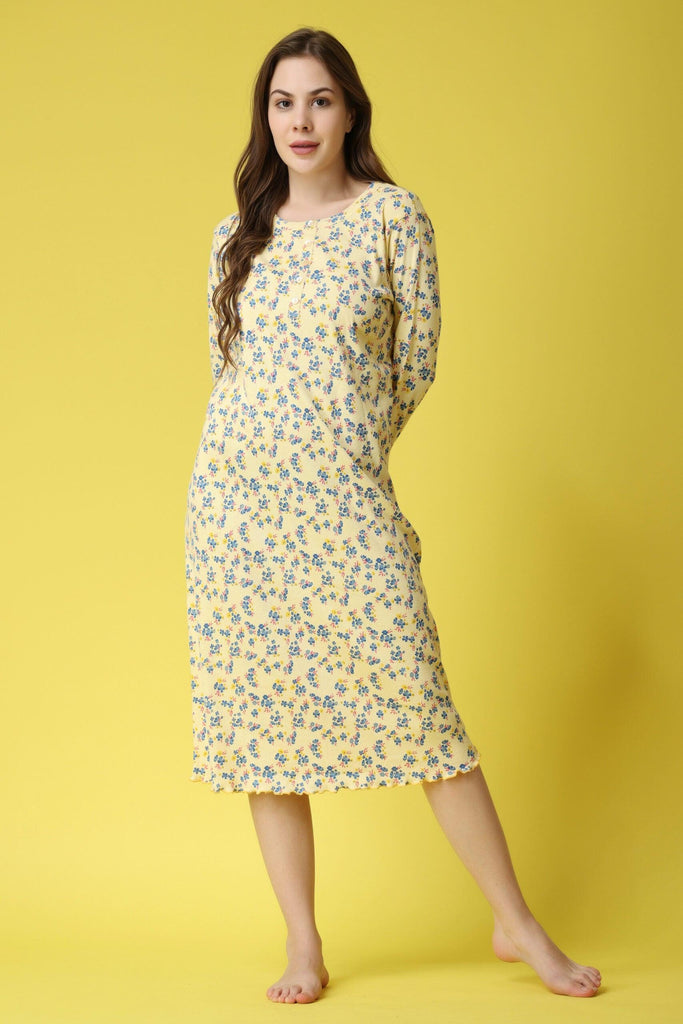 Model wearing Cotton Midi Night Dress with Pattern type: Floral-1