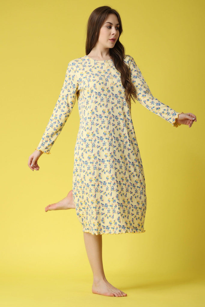 Model wearing Cotton Midi Night Dress with Pattern type: Floral-4