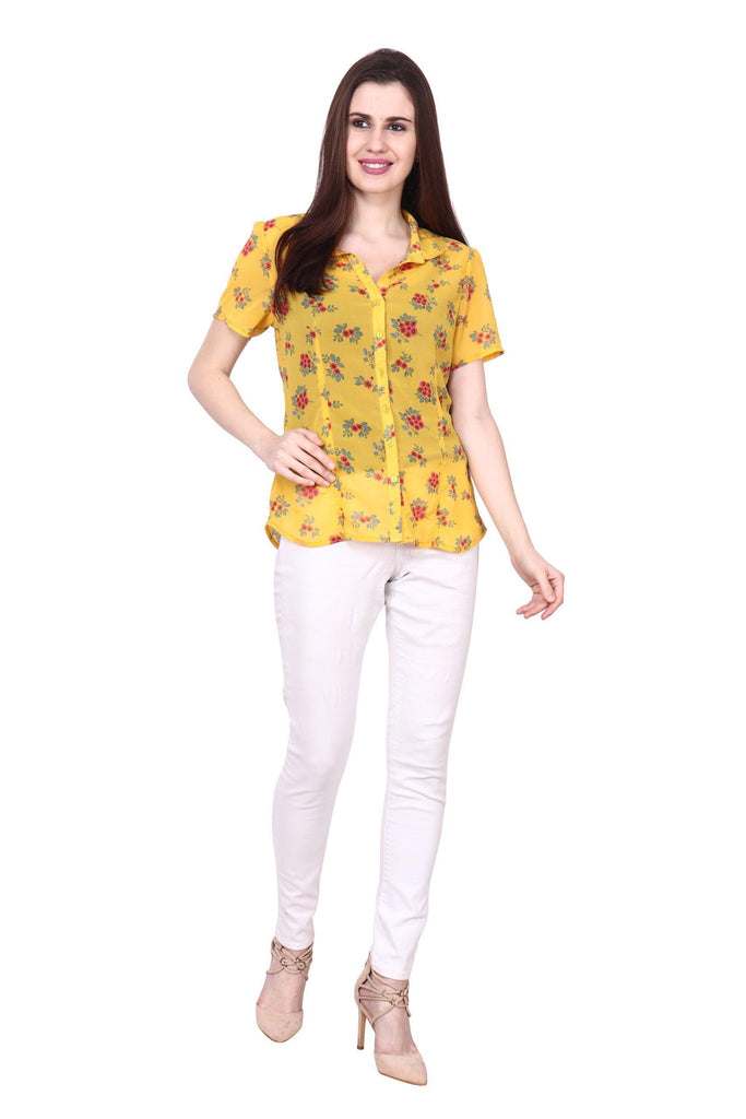 Model wearing Polyster Georgette Shirt with Pattern type: Floral-5