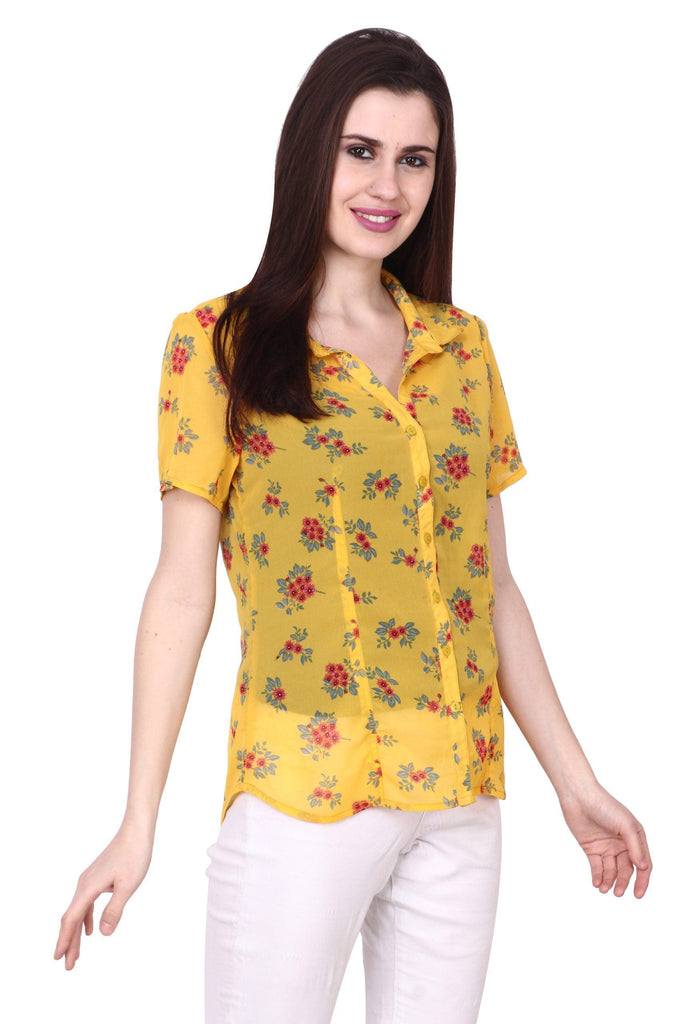 Model wearing Polyster Georgette Shirt with Pattern type: Floral-1