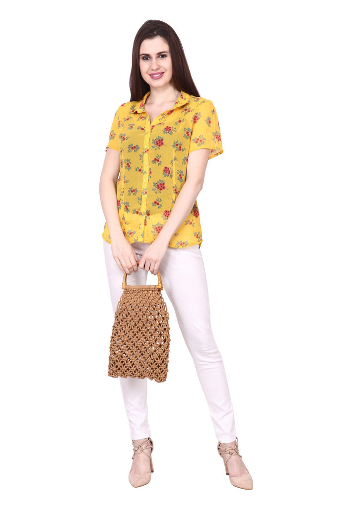 Model wearing Polyster Georgette Shirt with Pattern type: Floral-2