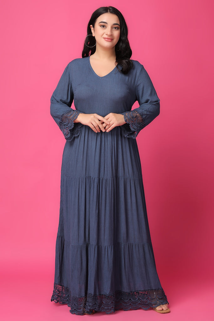 Model wearing Viscose Crepe Maxi Dress with Pattern type: Solid-33
