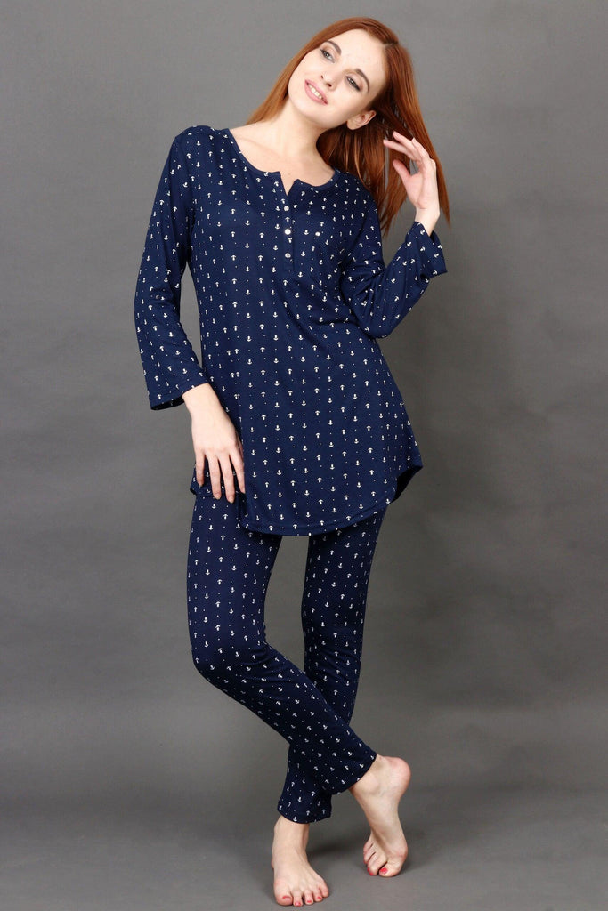 Model wearing Cotton Night Suit Set with Pattern type: Anchor-1
