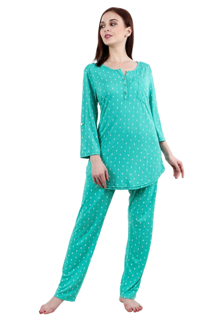Model wearing Cotton Night Suit Set with Pattern type: Anchor-1