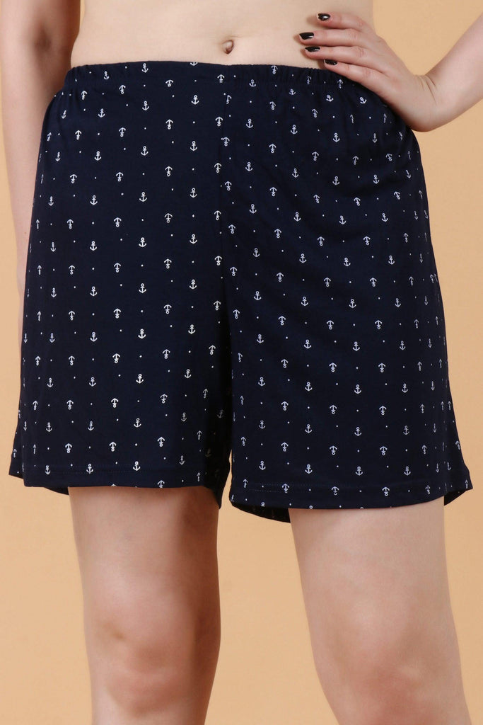 Model wearing Cotton Blended Shorts with Pattern type: Anchor-3