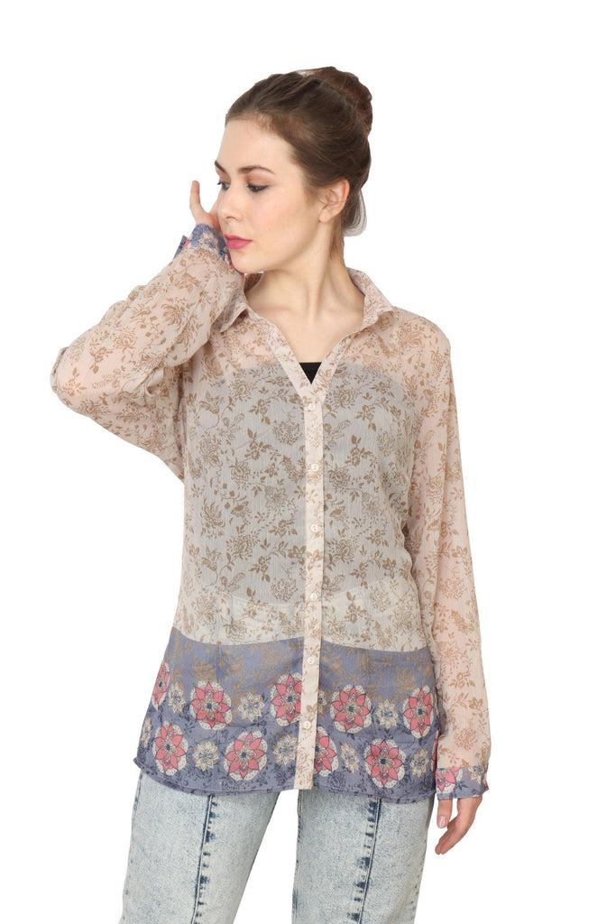 Model wearing Polyster Chiffon Shirt with Pattern type: Floral-1
