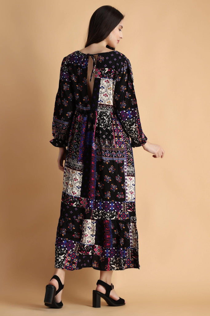 Model wearing Rayon Maxi Dress with Pattern type: Abstract-2