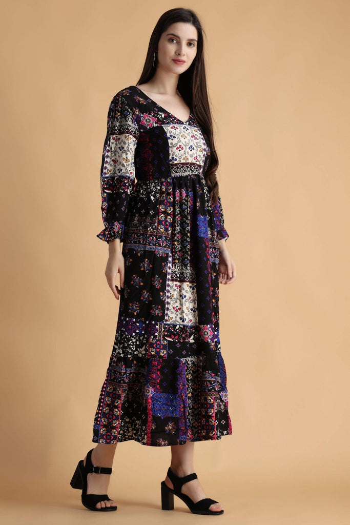 Model wearing Rayon Maxi Dress with Pattern type: Abstract-5