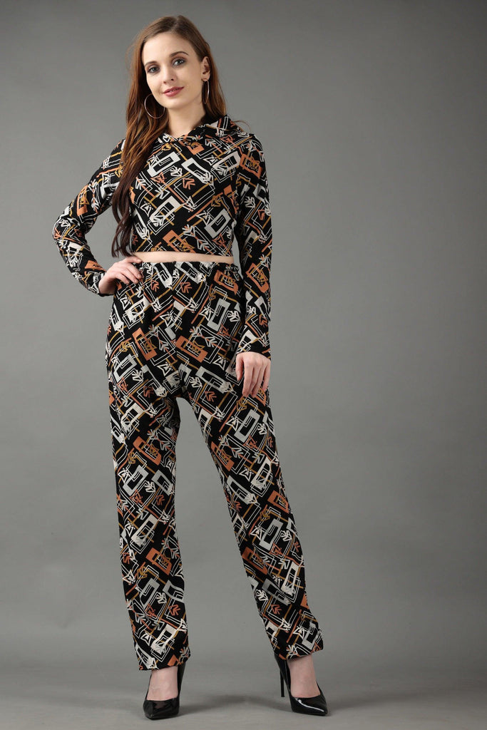 Model wearing Cotton Lycra Co-ord Set with Pattern type: Abstract-5