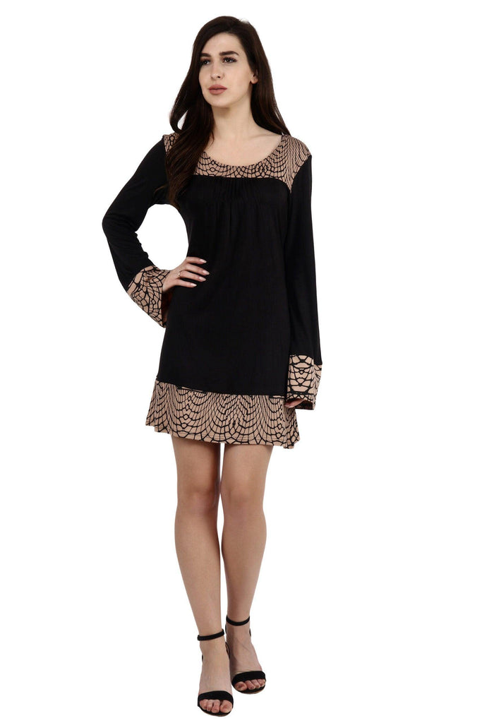 Model wearing Viscose Cotton Mini Dress with Pattern type: Border Printed-4