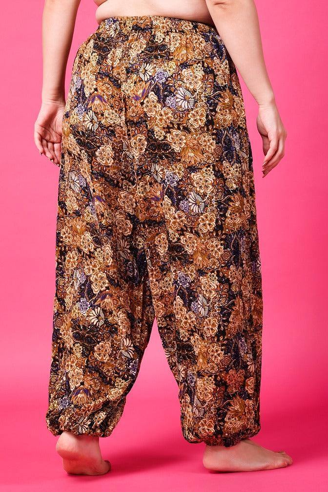 Model wearing Viscose Crepe Harem Pants with Pattern type: Floral-3