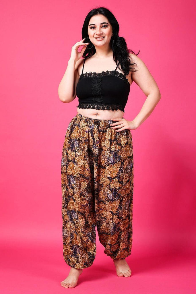Model wearing Viscose Crepe Harem Pants with Pattern type: Floral-4