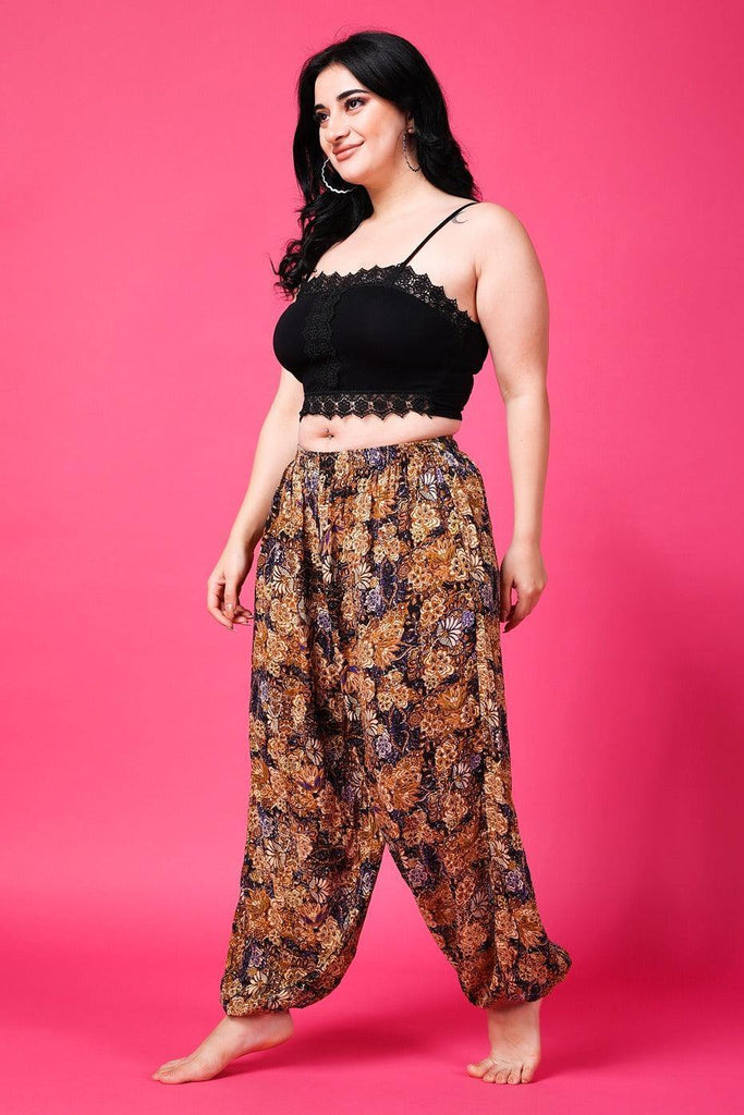 Model wearing Viscose Crepe Harem Pants with Pattern type: Floral-5