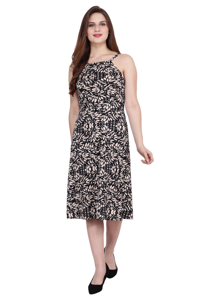 Model wearing Polyester Elastane Midi Dress with Pattern type: Leaf-1