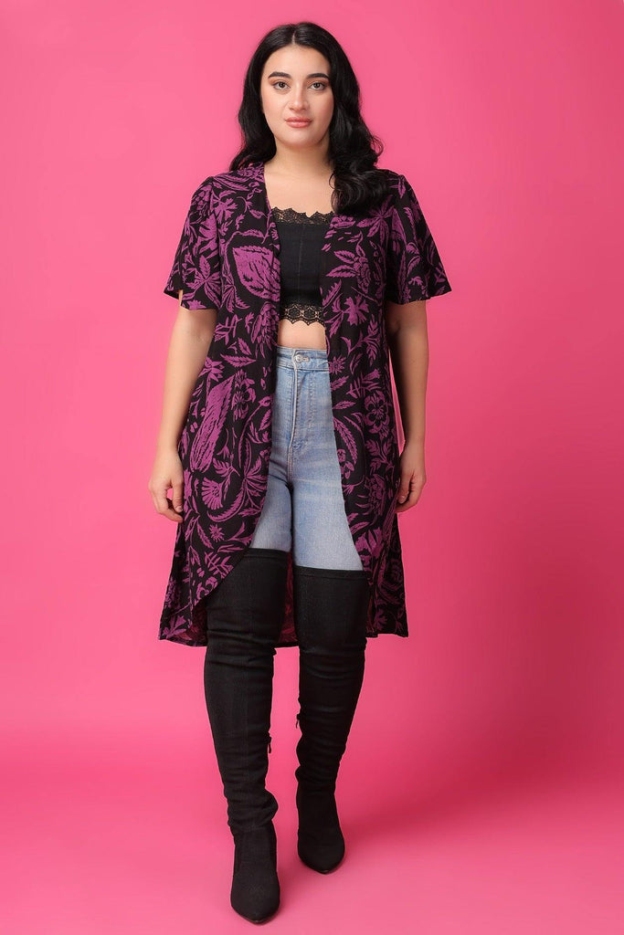 Model wearing Viscose Crepe Shrug with Pattern type: Floral-1