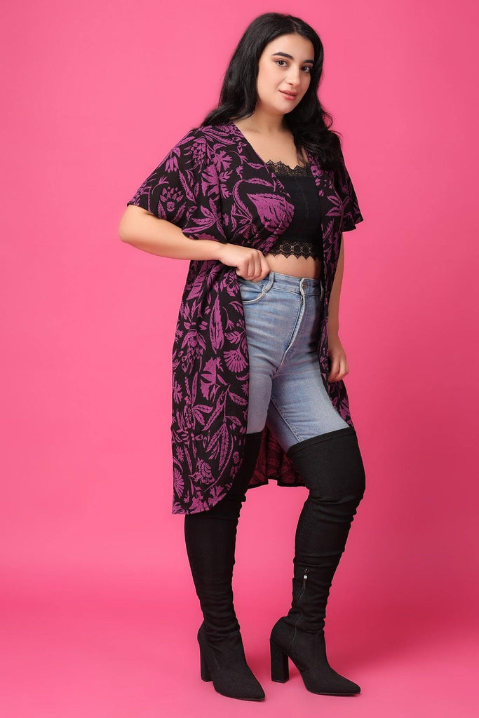 Model wearing Viscose Crepe Shrug with Pattern type: Floral-2