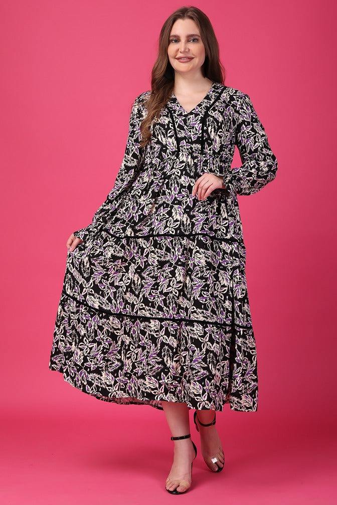 Model wearing Rayon Maxi Dress with Pattern type: Leaves-1