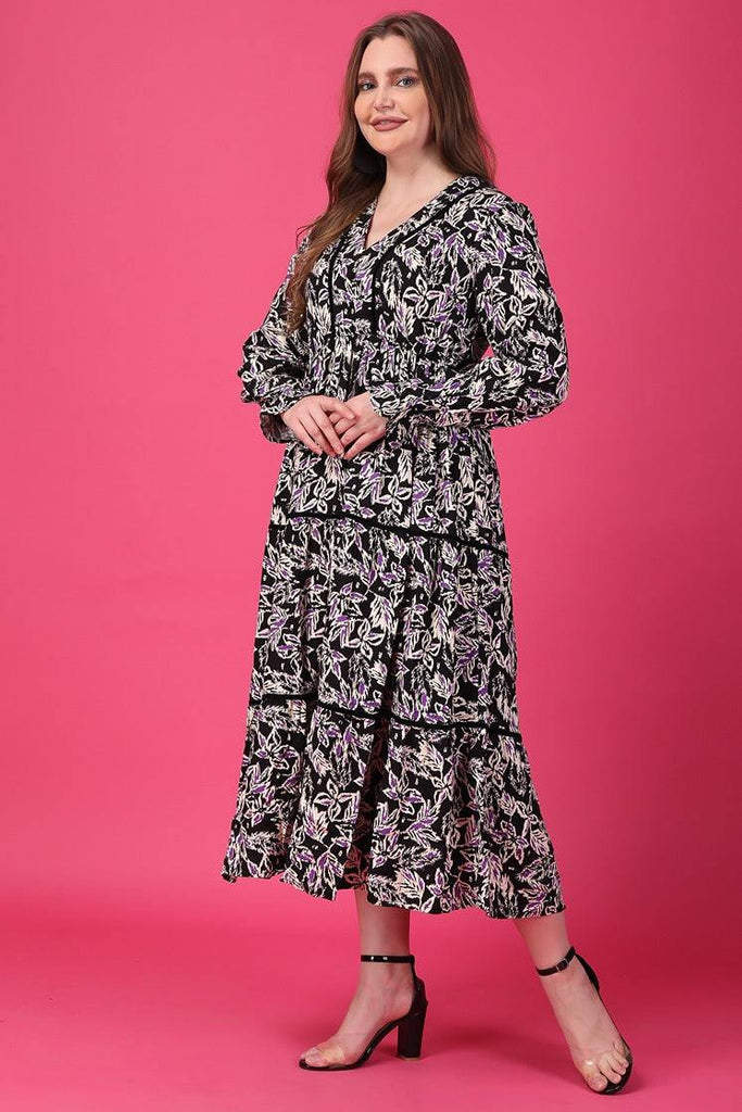Model wearing Rayon Maxi Dress with Pattern type: Leaves-3