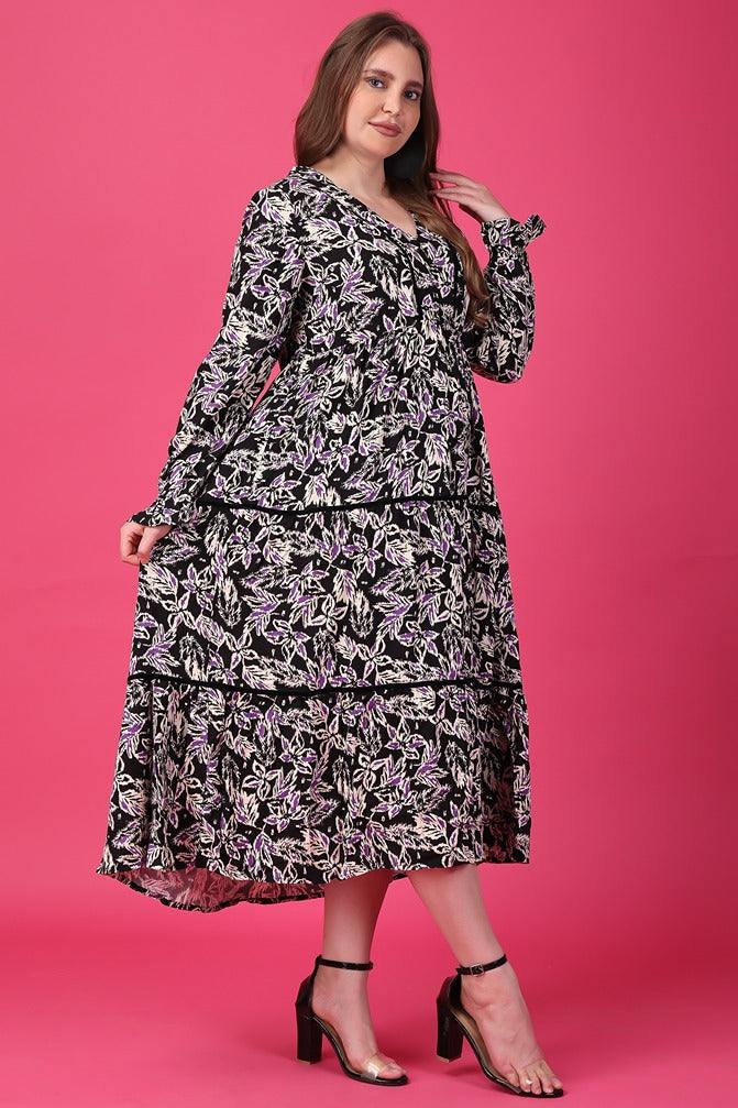 Model wearing Rayon Maxi Dress with Pattern type: Leaves-4