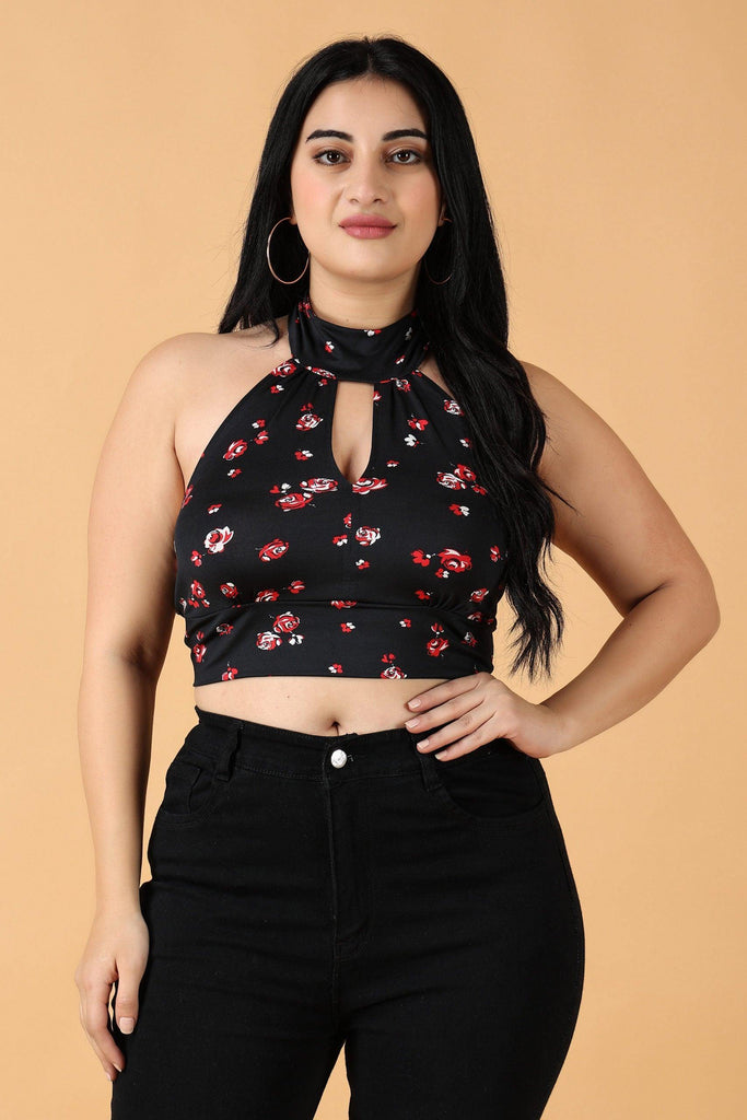 Model wearing Polyester Elastane Crop Top with Pattern type: Floral-6
