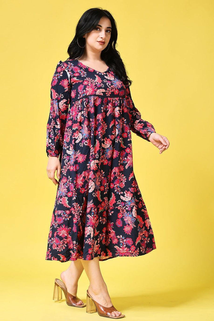 Model wearing Rayon Maxi Dress with Pattern type: Floral-5