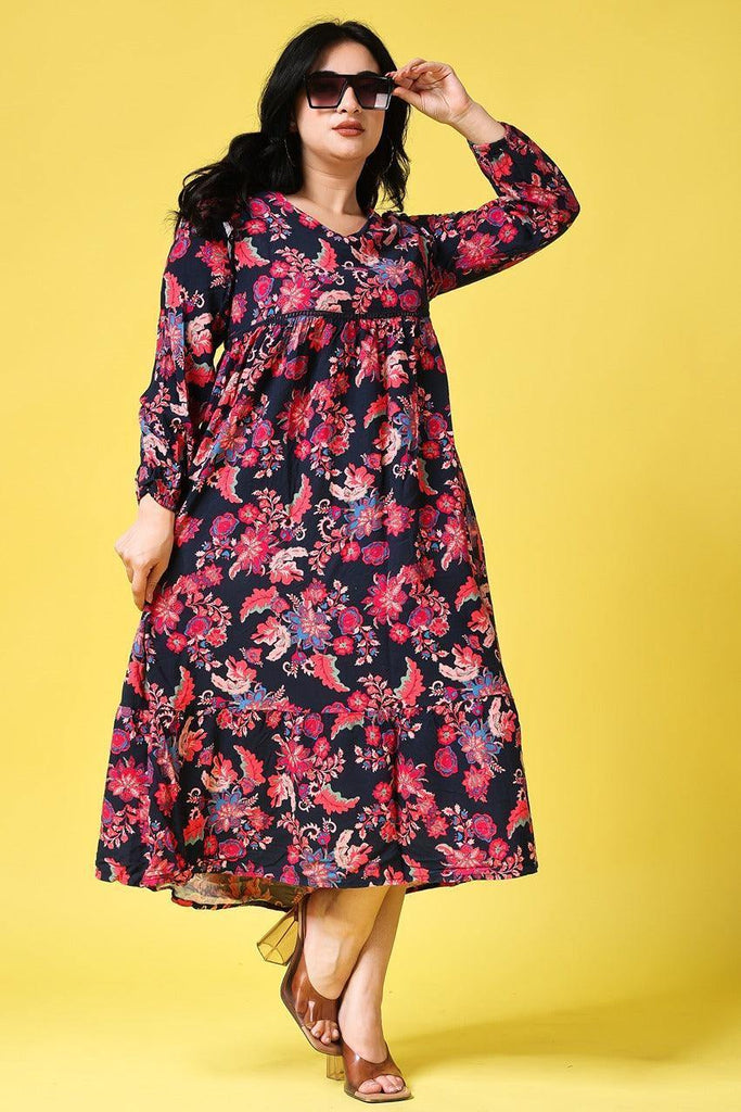 Model wearing Rayon Maxi Dress with Pattern type: Floral-7