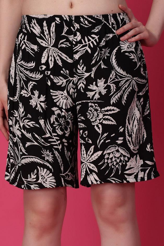 Black White Floral Printed Shorts