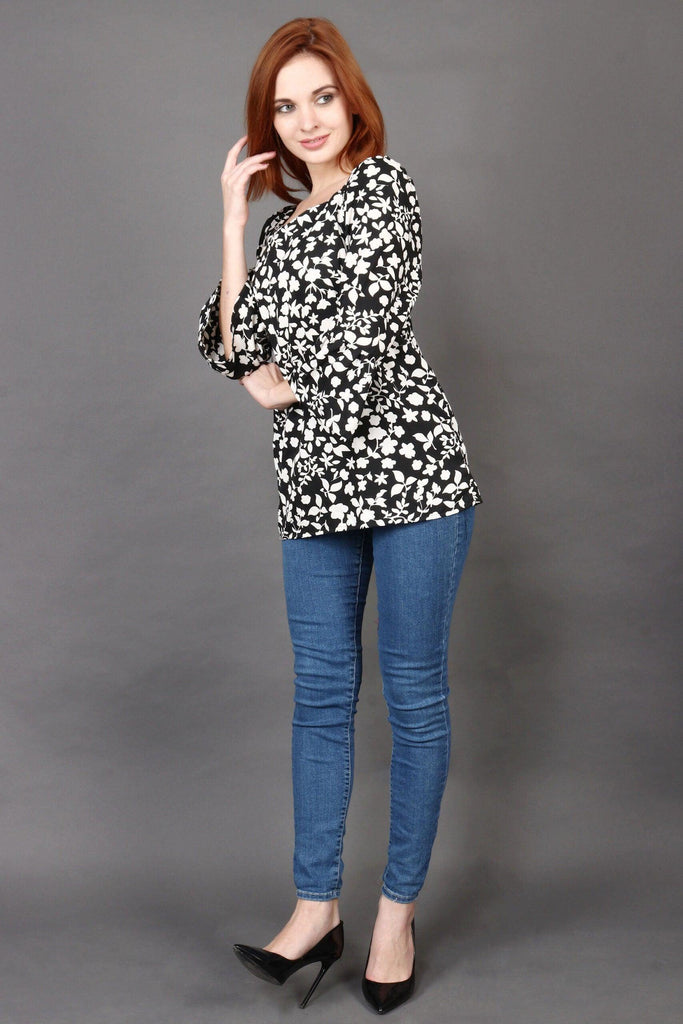 Model wearing Polyester Top with Pattern type: Floral-2