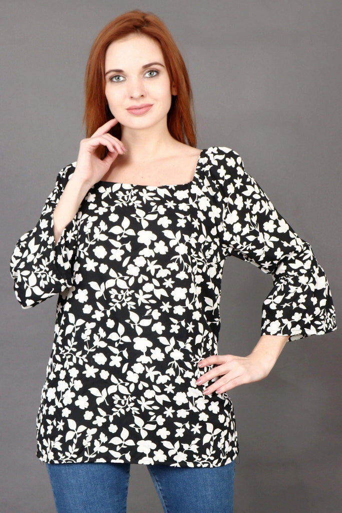 Model wearing Polyester Top with Pattern type: Floral-5