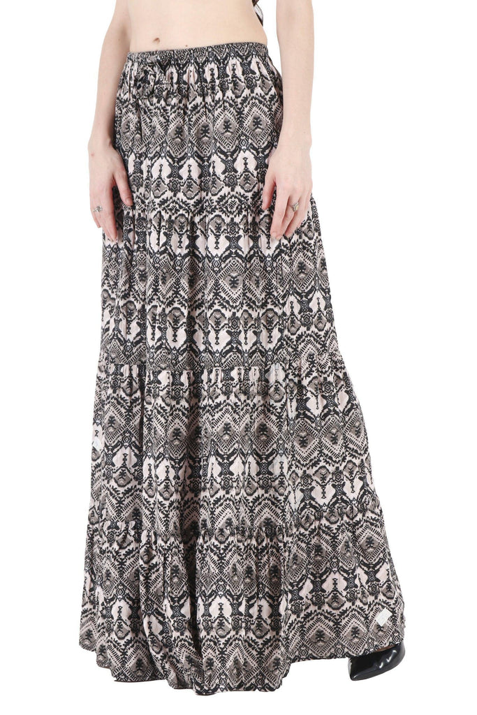 Model wearing Rayon Maxi Skirt with Pattern type: Geometric-3